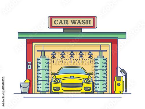Car wash station. Service auto clean, garage and transport. Vector illustration