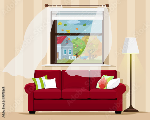 Stylish comfortable room interior with sofa, lamp, window and autumn landscape. Flat style vector illustration.