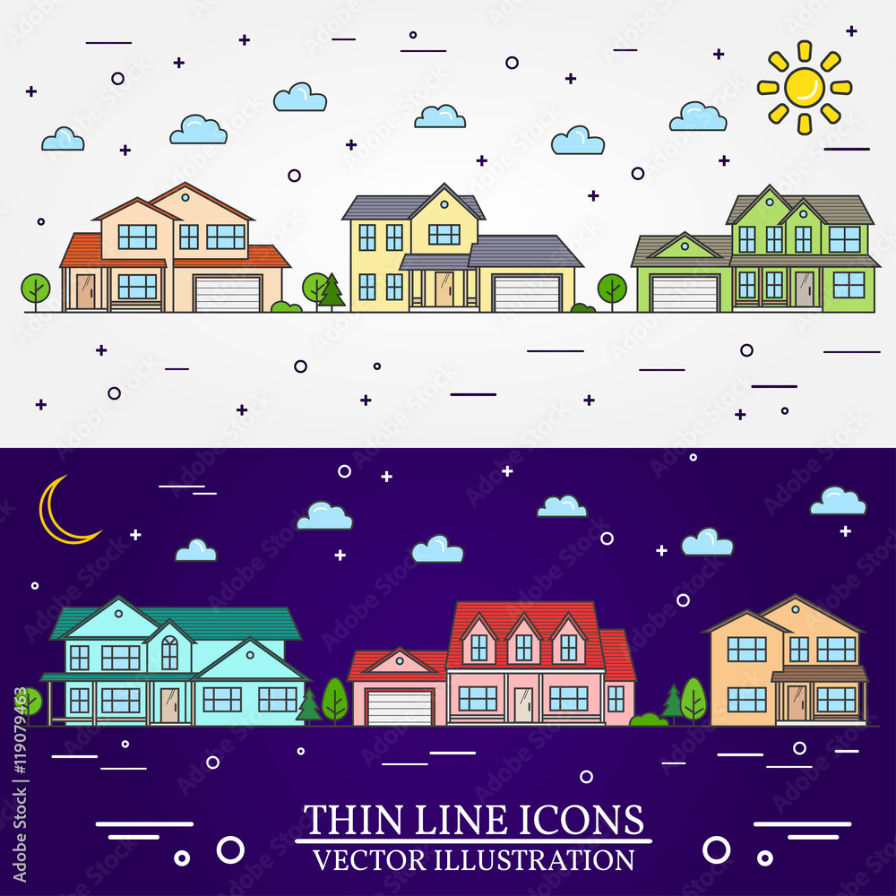 Neighborhood with homes illustrated white and purple background.