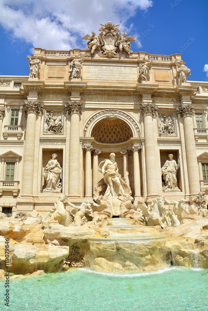 The beautiful Trevi Fountain in Rome, with its waterfalls, Italy.