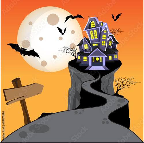 Halloween haunted house castle on hill with moon, bat, and tree. vector illustration