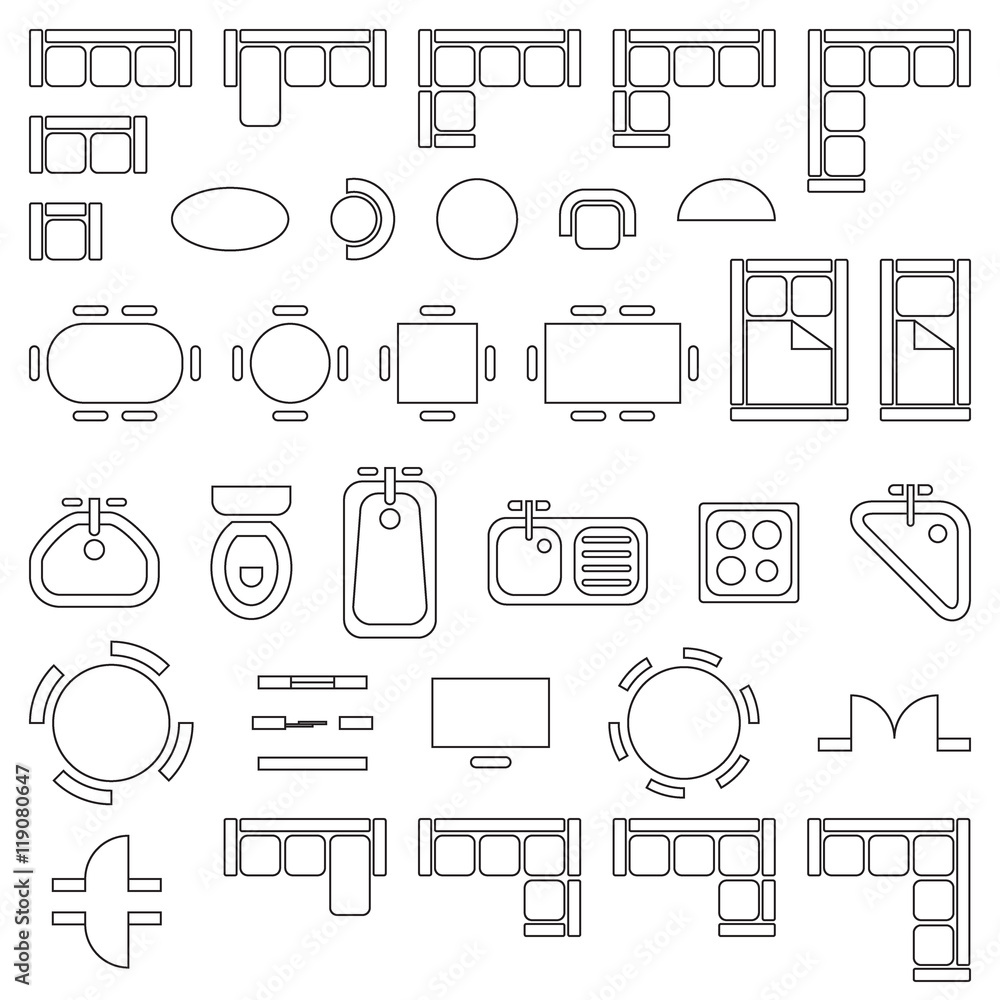 Standard furniture symbols used in architecture plans icons set
