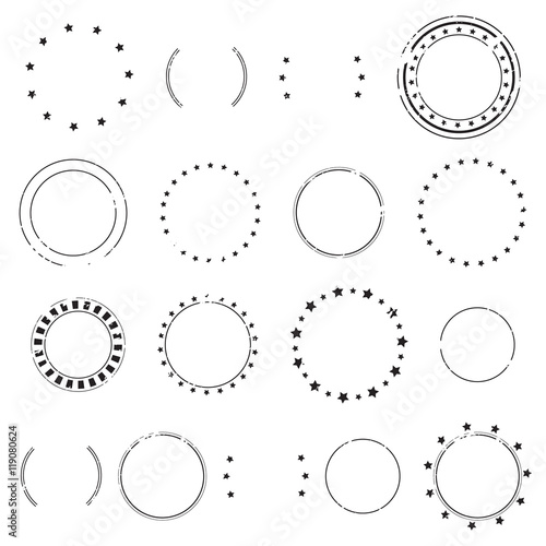 Grunge empty blank postal stamps and stars, icon set, graphic design elements, black isolated on white background, vector illustration.