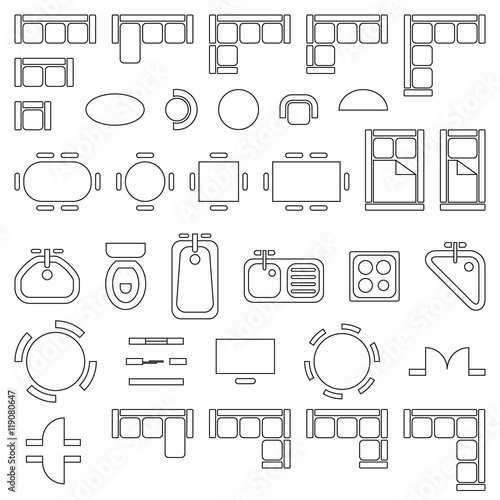 Standard furniture symbols used in architecture plans icons set, graphic design elements, outlined, isolated on white background, vector illustration.