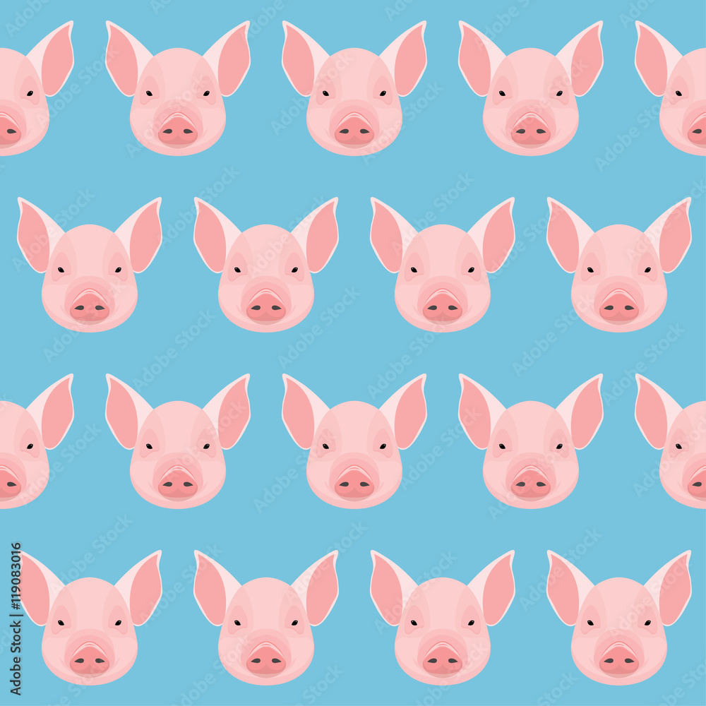 Cartoon pig portrait seamless pattern background.