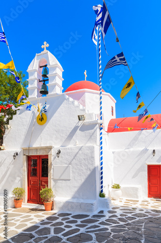 Typical Greek white church building in Mykonos town, Cyclades islands, Greece © pkazmierczak