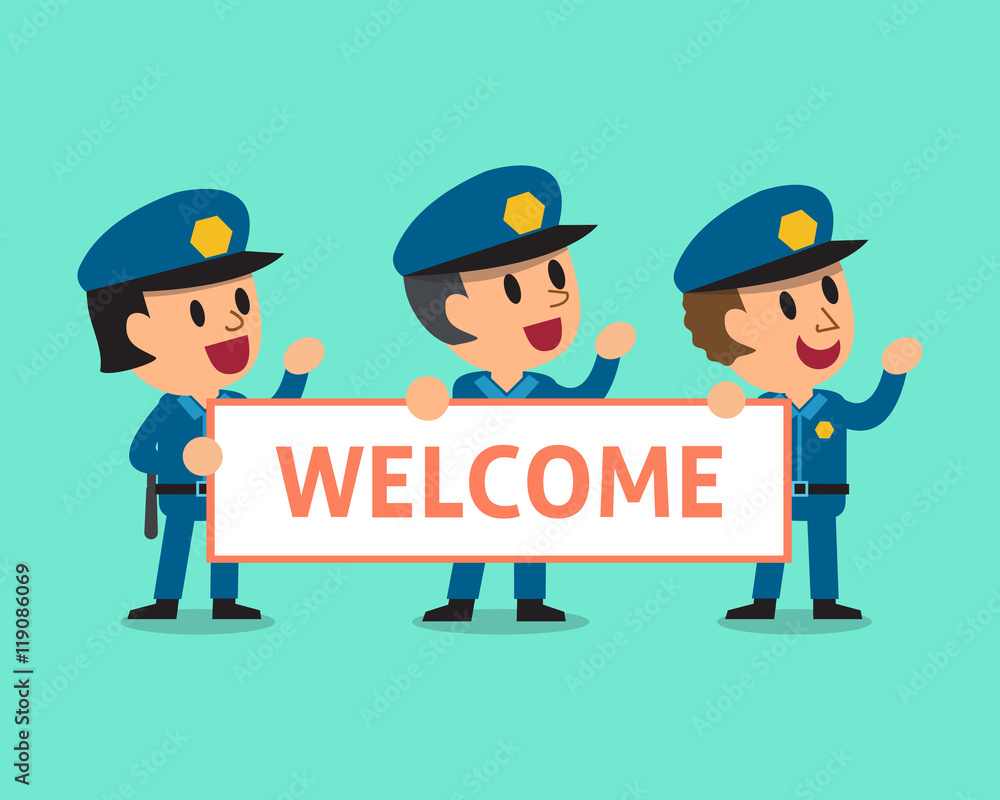 Cartoon policemen holding welcome sign