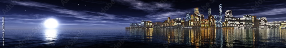 panorama of the city at night. the moon and the sea. banner.
