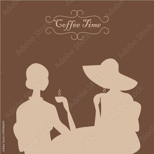 Lady's coffee time. On the picture silhouettes of two women are represented during coffee time in coffee colors