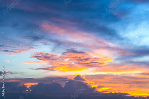 sky with clouds in twilight, landscape in sunset.