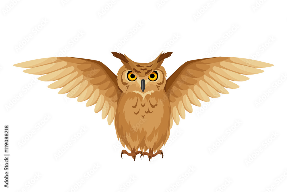 Naklejka premium Vector brown owl with open wings isolated on a white background.