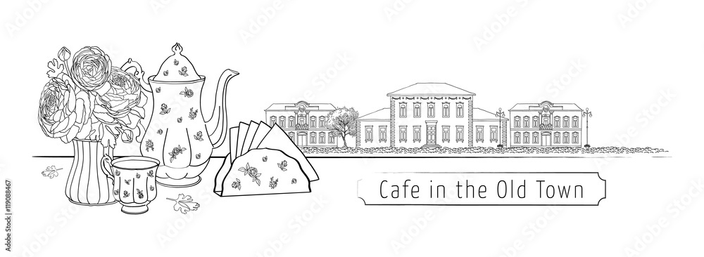 Big set of Cafe - tea, cup, teapot, Ranunculus flowers in a vase and a street view of the old houses with lanterns, stone and wood. Vector, isolated, background. For menu, invitation card, design.