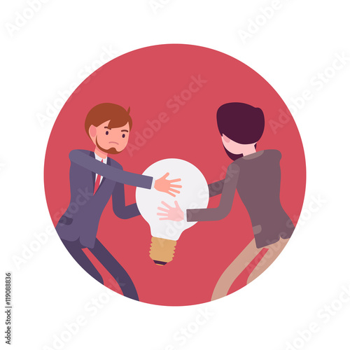 Struggle between businessmen in a formal wear for a lamp against red background. Cartoon vector flat-style concept illustration