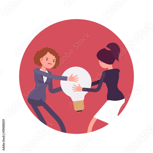 Struggle between women in a formal wear for a lamp bulb against red circle background. Cartoon vector flat-style concept illustration