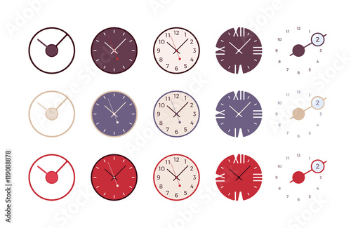 Set of modern wall clocks isolated against the white background. Cartoon vector flat-style illustration