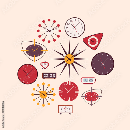 Retro wall and alarm clocks. Cartoon vector flat-style illustration