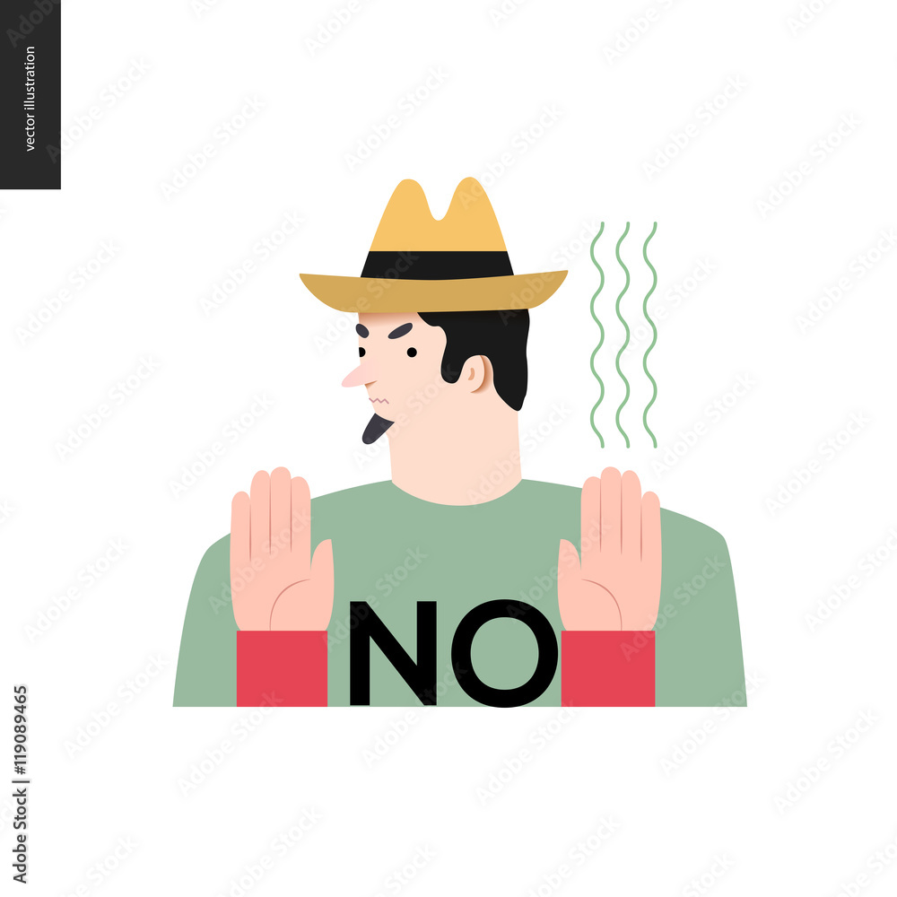 Refusing man. Flat vector cartoon illustration of a man wearing a yellow hat, t-shirt with a sign NO and beard, refusing of something, showing two palms,