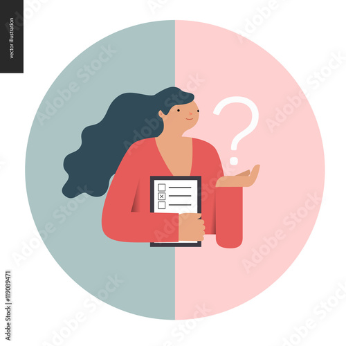 Survey icon in a circle. Flat vector cartoon illustration of a woman holding the question sign and a clipboard with the checklist on it.