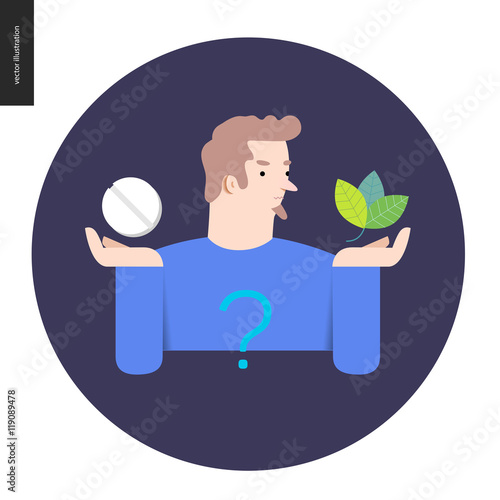 Choosing between an antibiotic pill and natural herbal treatment. Flat vector cartoon illustration of a man holding a tablet in one hand and plant leaves in another, with a question sign above.