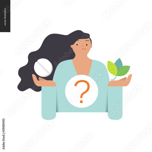 Choosing between an antibiotic pill and natural herbal treatment. Flat vector cartoon illustration of a woman holding a tablet in one hand and plant leaves in another, with a question sign above.