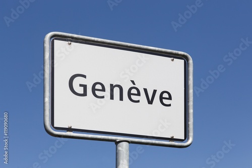Geneva road sign at the entrance of the city, Switzerland