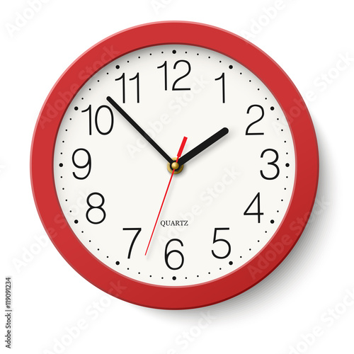 Vector simple classic red round wall clock isolated on white