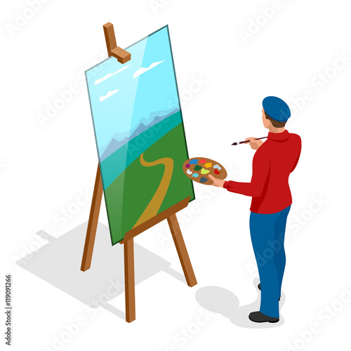 Isometric Artist painting with colorful palette standing near easel. Flat 3d infographic concept vector template.