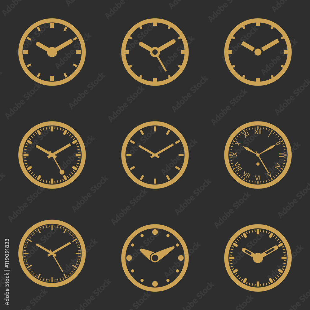 Clock Icon Set In Gold Color - Outline Isolated Vector Illustration ...