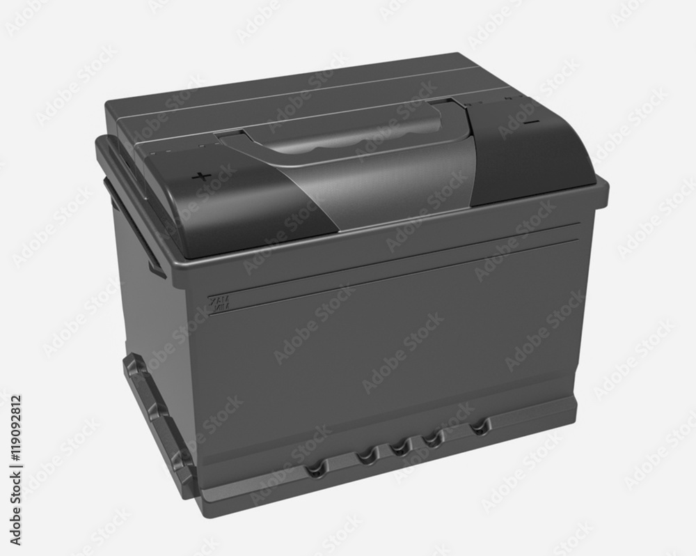 3D black car battery with black caps and handle on white 3D black car battery with black caps and handle on white