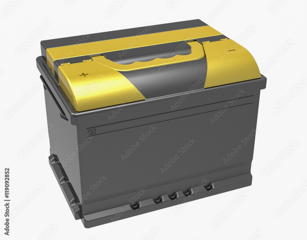 3D black car battery with yellow caps andd handle on white 3D black car battery with yellow caps andd handle on white