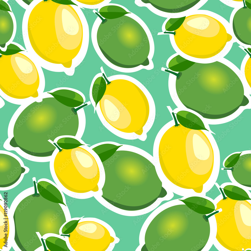 Seamless pattern with big lemons and limes with leaves. Turquoise background. Seamless pattern with big lemons and limes with leaves. Turquoise background.