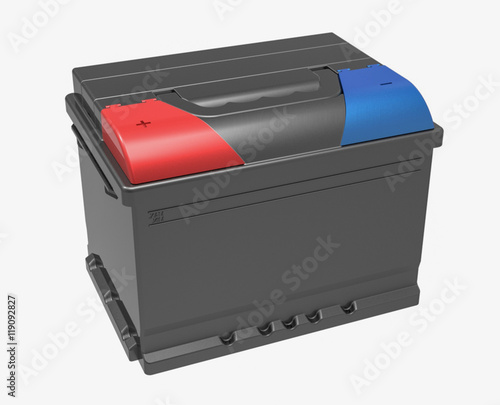 3D black car battery with red and blue caps and handle on white