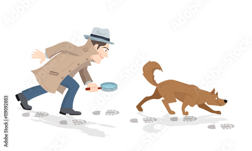 Vector cartoon of detective with magnifying glass and tracker dog