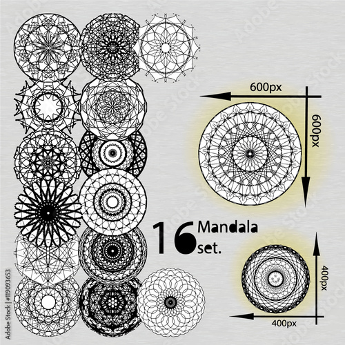 Mandala set. Sixteen geometric circular ornament . EPS 10