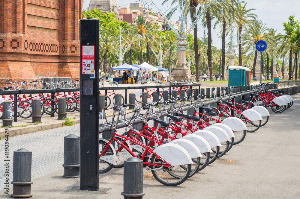 Obraz premium Bikes for rent on bicycle parking in Barcelona