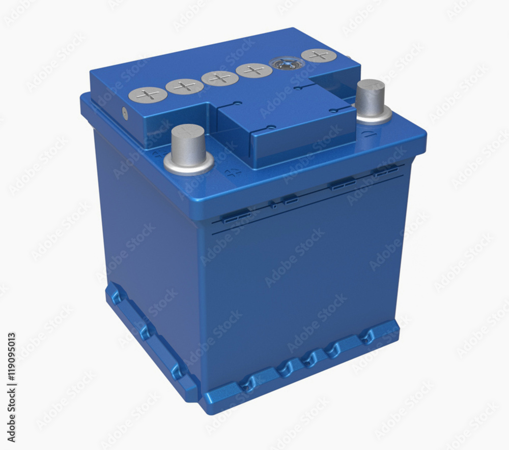 3D blue car battery with gray terminals on white 3D blue car battery with gray terminals on white