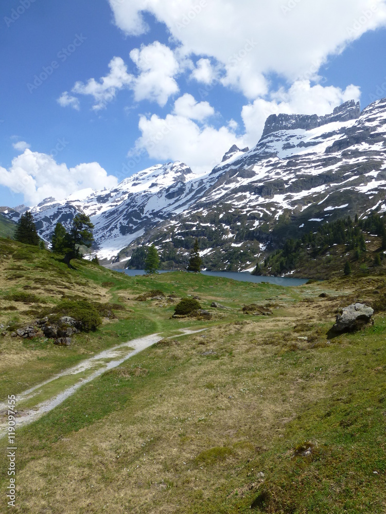 Track leading to Ensgtlensee Lake, Switzerland with snow-covered  Wendenstocke Mountain in the background