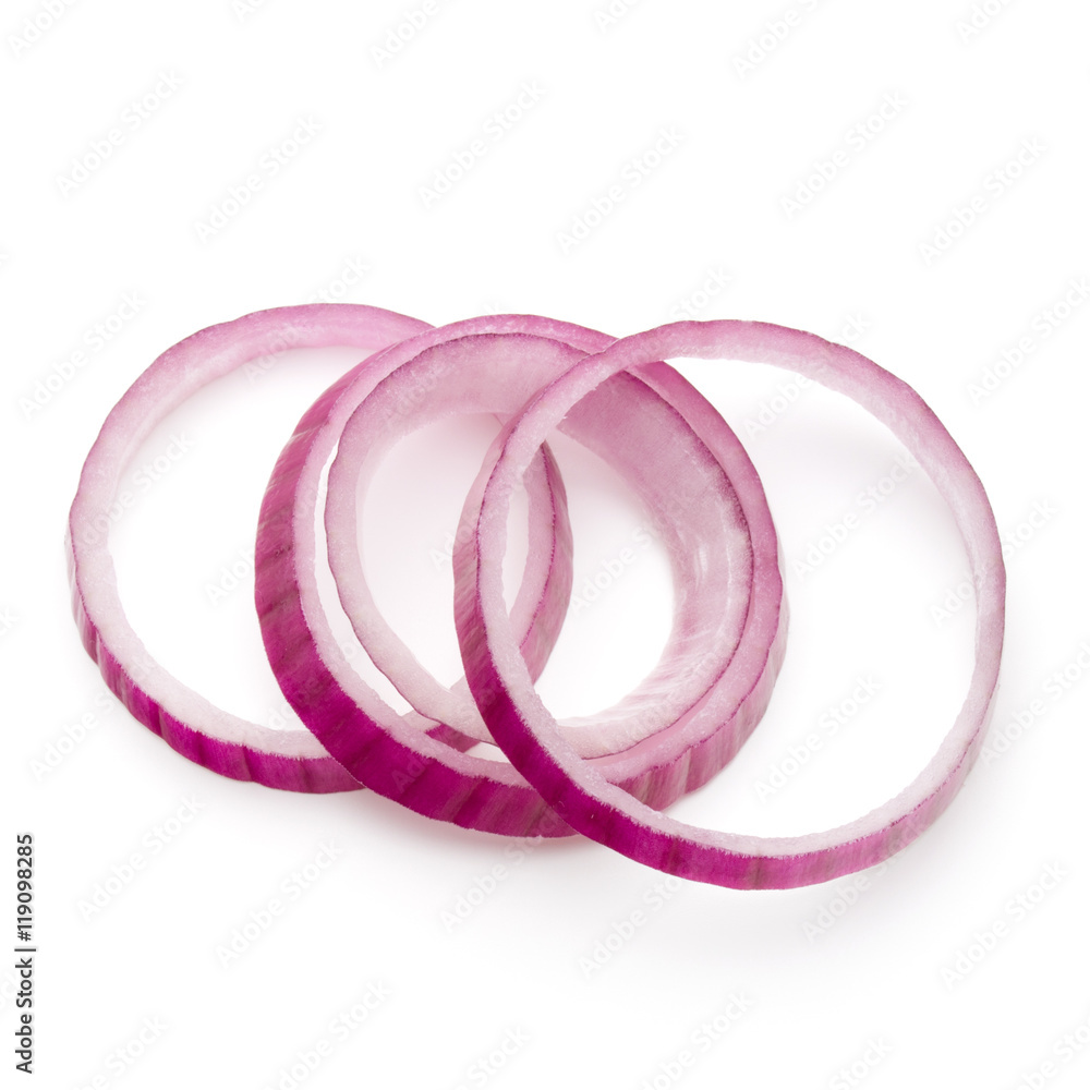 Sliced red onion rings isolated on white background cutout