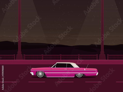 Pink lowrider on the evening road, night city, flat vector illustration