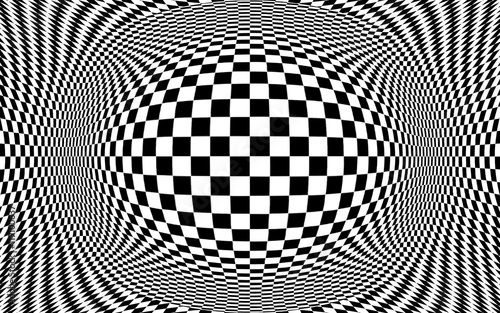 Abstract optical illusion illustration.  Black and white checkers