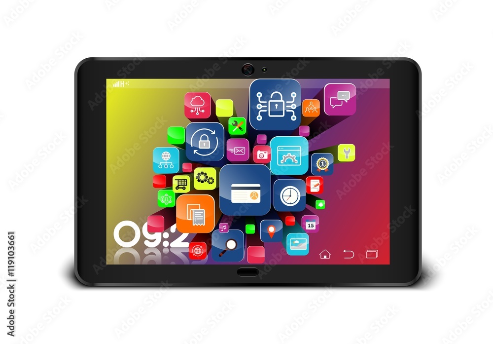 Tablet PC with colorful application icons isolated on white background Tablet PC with colorful application icons isolated on white background
