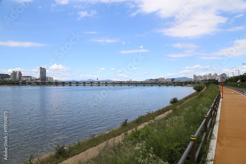 A Trail along the Han river with blue sky  Seoul  Korea  Republic of.