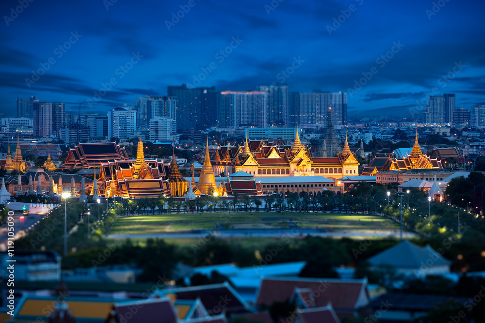 Tilt Shift Effect - Wat Phra Kaew, Temple of the Emerald Buddha, Grand palace at twilight, Bangkok Thailand