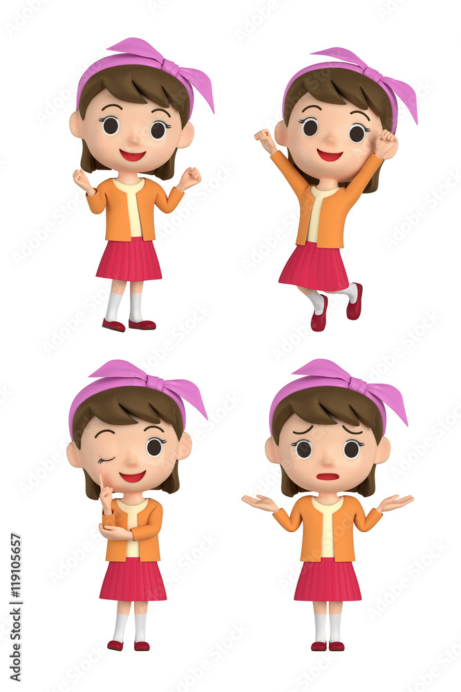 3D illustration character - The girl who put on a hair band and makes a pose. 3D illustration character - The girl who put on a hair band and makes a pose.