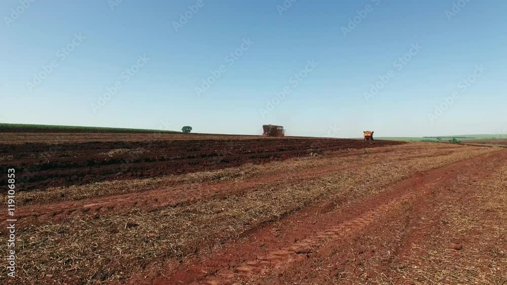 Cane Fallowing Mechanized planting sugar cane field in Sao Paulo Brazil - Aerial dolly ...