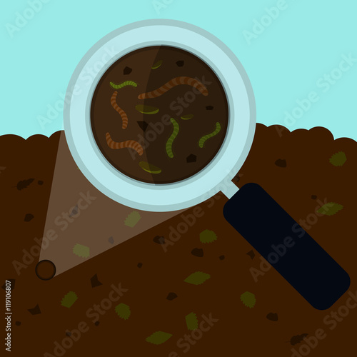 Magnifying glass enlarging the worm and other small body on the earth.