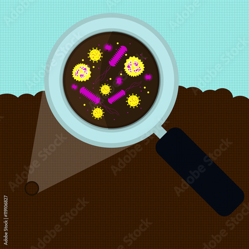 Magnifying glass enlarging the microorganism, bacteria and virus on the earth.