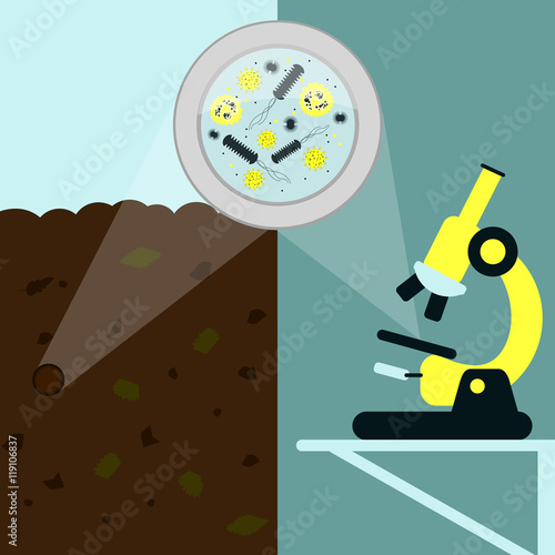 Magnifying glass enlarging the microorganism, bacteria and virus on the earth. Soil sample being analyzed under the microscope in the laboratory.