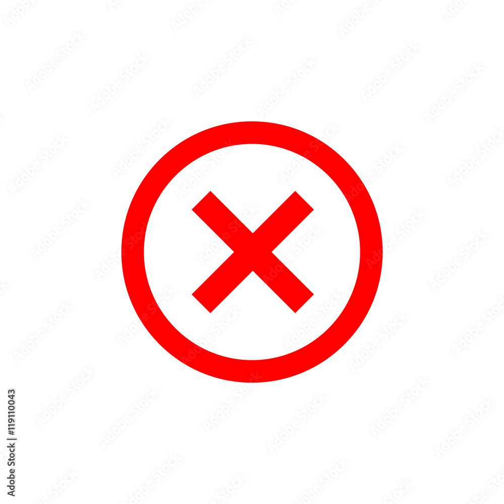 Vetor de Cross sign element. Red X icon isolated on white background.  Simple mark graphic design. Round shape button for vote, decision, web.  Symbol of error, check, wrong and stop, failed. Vector