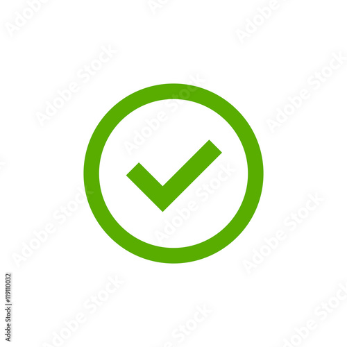 Tick sign element. Green checkmark icon isolated on white background. Simple mark graphic design. Circle shape OK button for vote, decision, web. Symbol of correct, check, approved Vector illustration